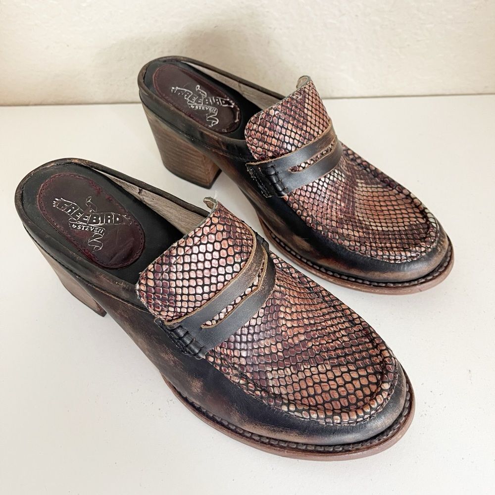 FREEBIRD by Steven Collins Leather Mule in snake embossed brown 10 - Picture 8 of 8